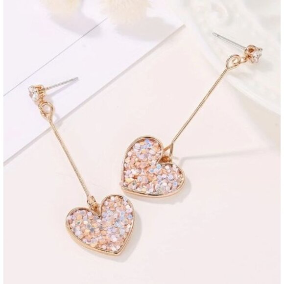 Gold Toned Heart‎ Drop Earrings With Rhinestone Details - Picture 3 of 3